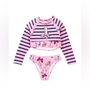 Juicy Couture Black Label Girls Pink Butterfly Print Striped Rash Guard Size 16